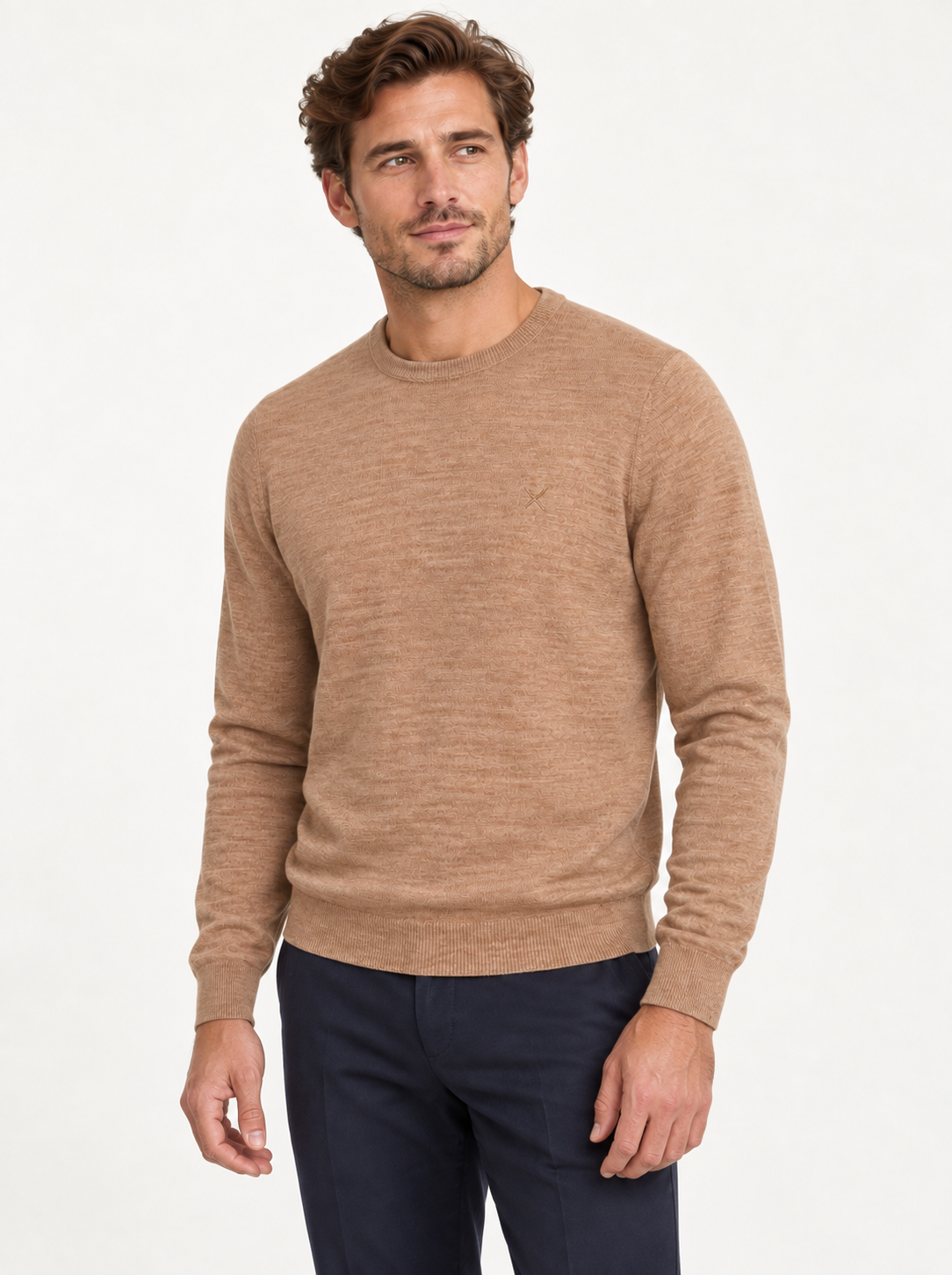 Clean Cut Copenhagen Merino Warm Sand Melange – modellbilde, AI-generert