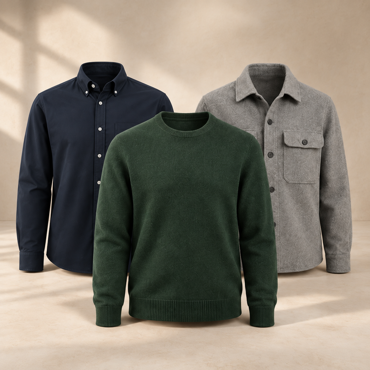 Overdeler – skjorte, strikk og overshirt mot sandfarget bakgrunn