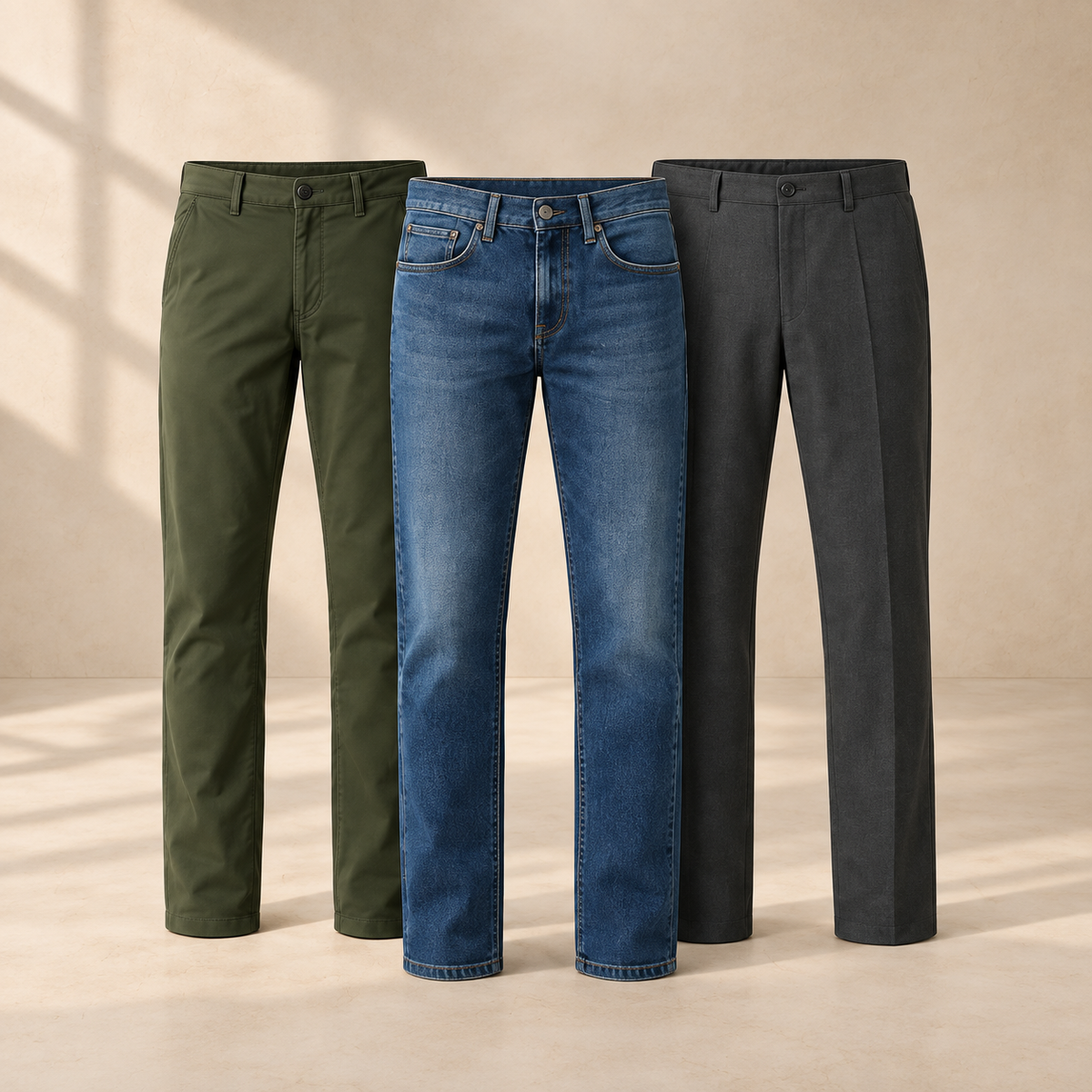 Bukser – chinos, jeans og dressbukse mot sandfarget bakgrunn