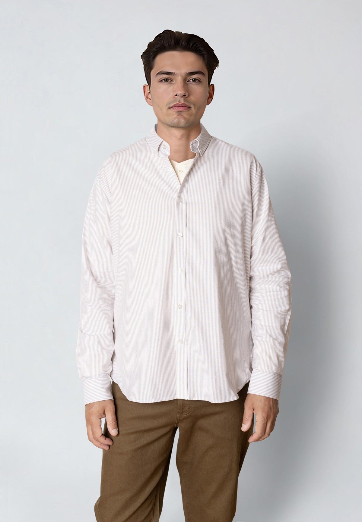 Clean Cut Copenhagen Oxford Stretch Stripe Shirt Khaki Striped – produsentens modellbilde