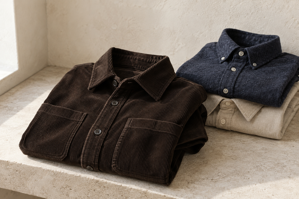 Inspirasjonsbilde med skjorter og overshirt i høstfarger