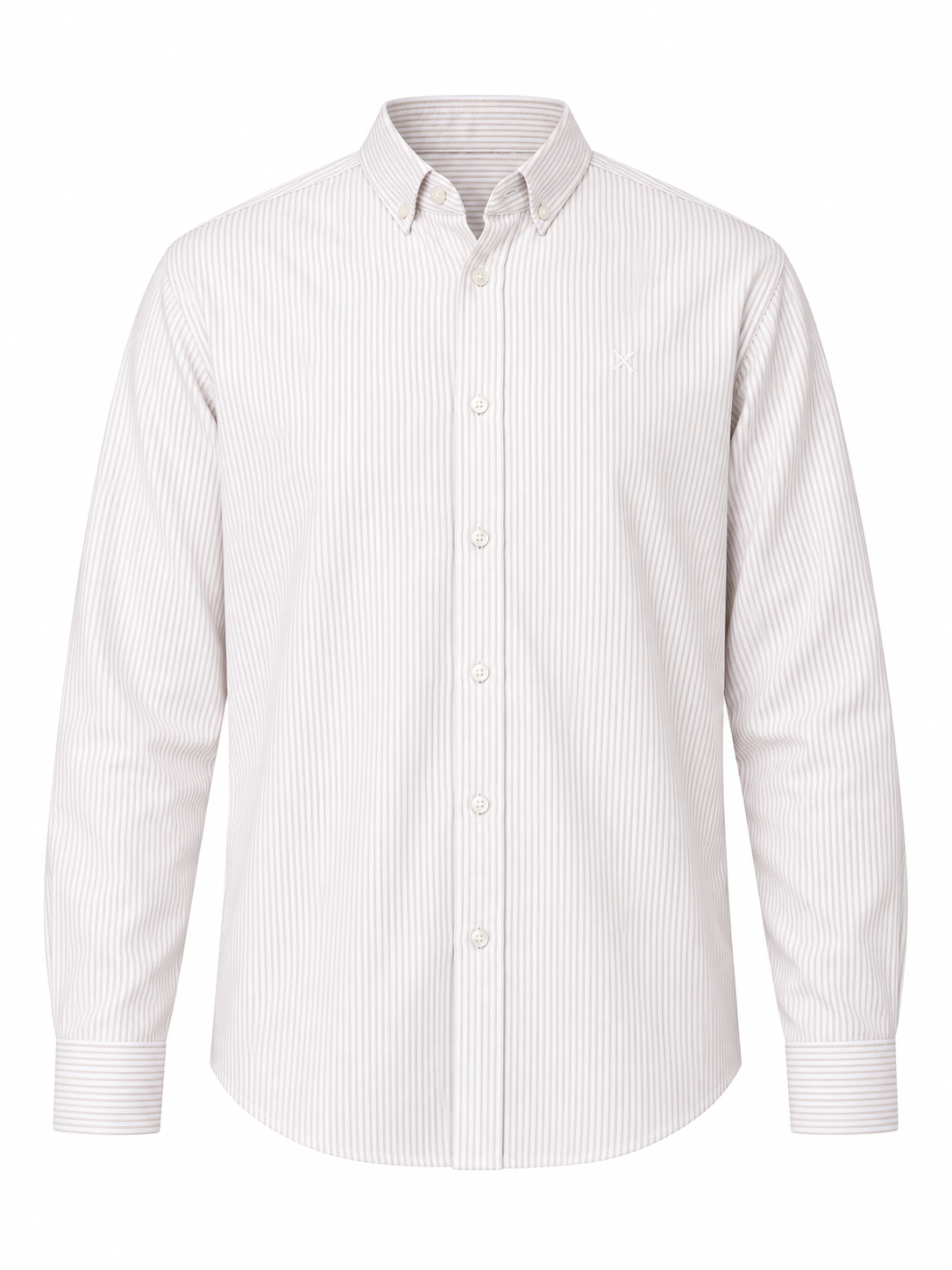 Clean Cut Copenhagen Oxford Stretch Stripe Shirt Khaki Striped – produktbilde på hvit bakgrunn, AI-bearbeidet fra referansefoto