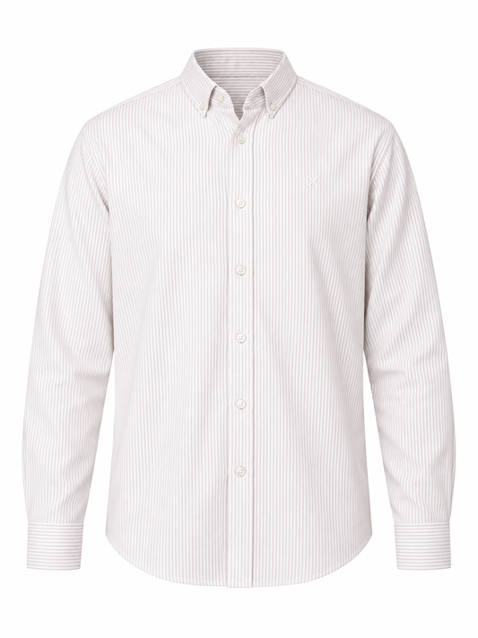 Clean Cut Copenhagen Oxford Stretch Stripe Shirt Khaki Striped – produktbilde på hvit bakgrunn, AI-bearbeidet fra referansefoto