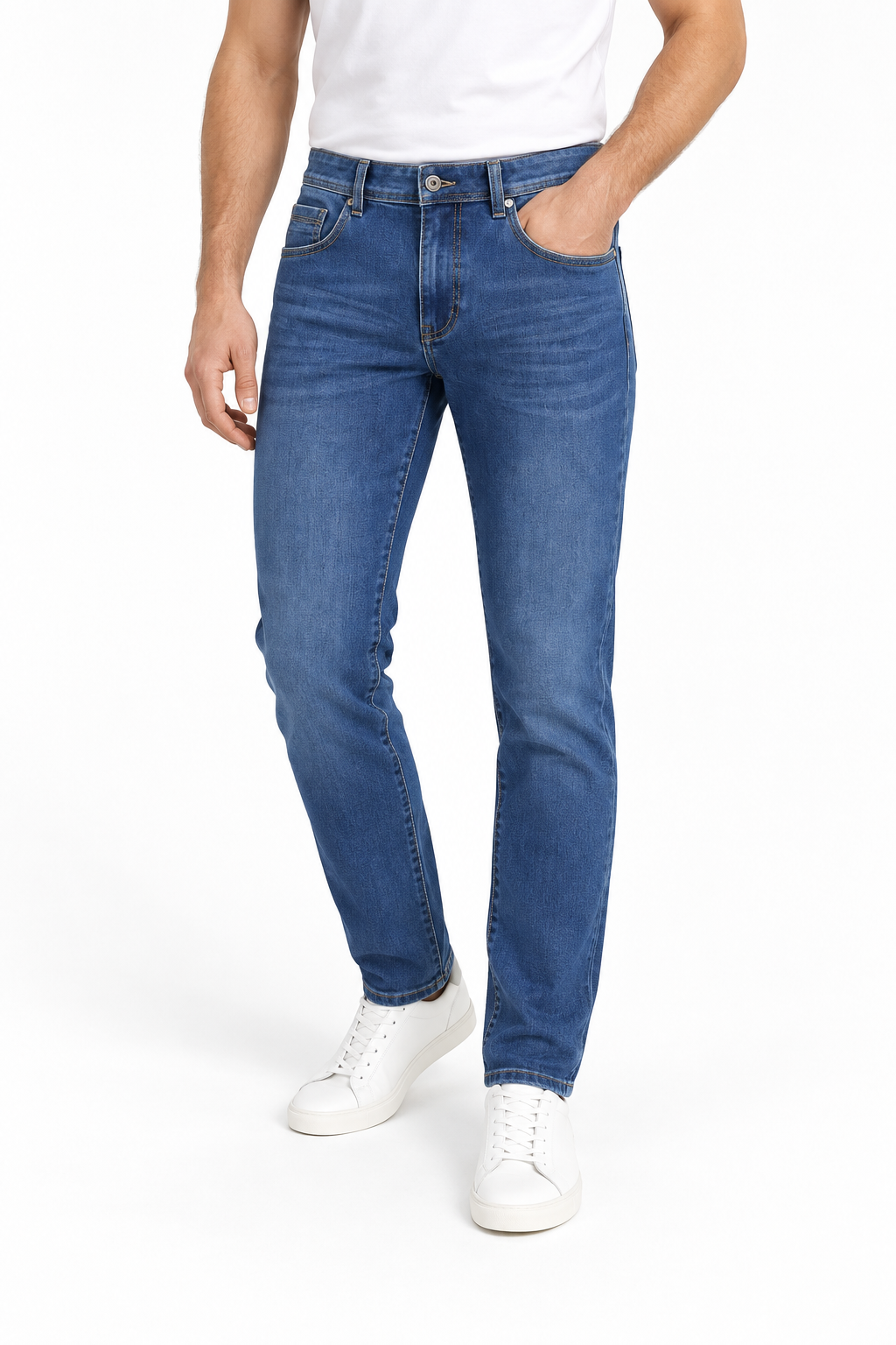 Bison Superflex Jeans Aqua Blue – AI-generert modellillustrasjon skrått forfra