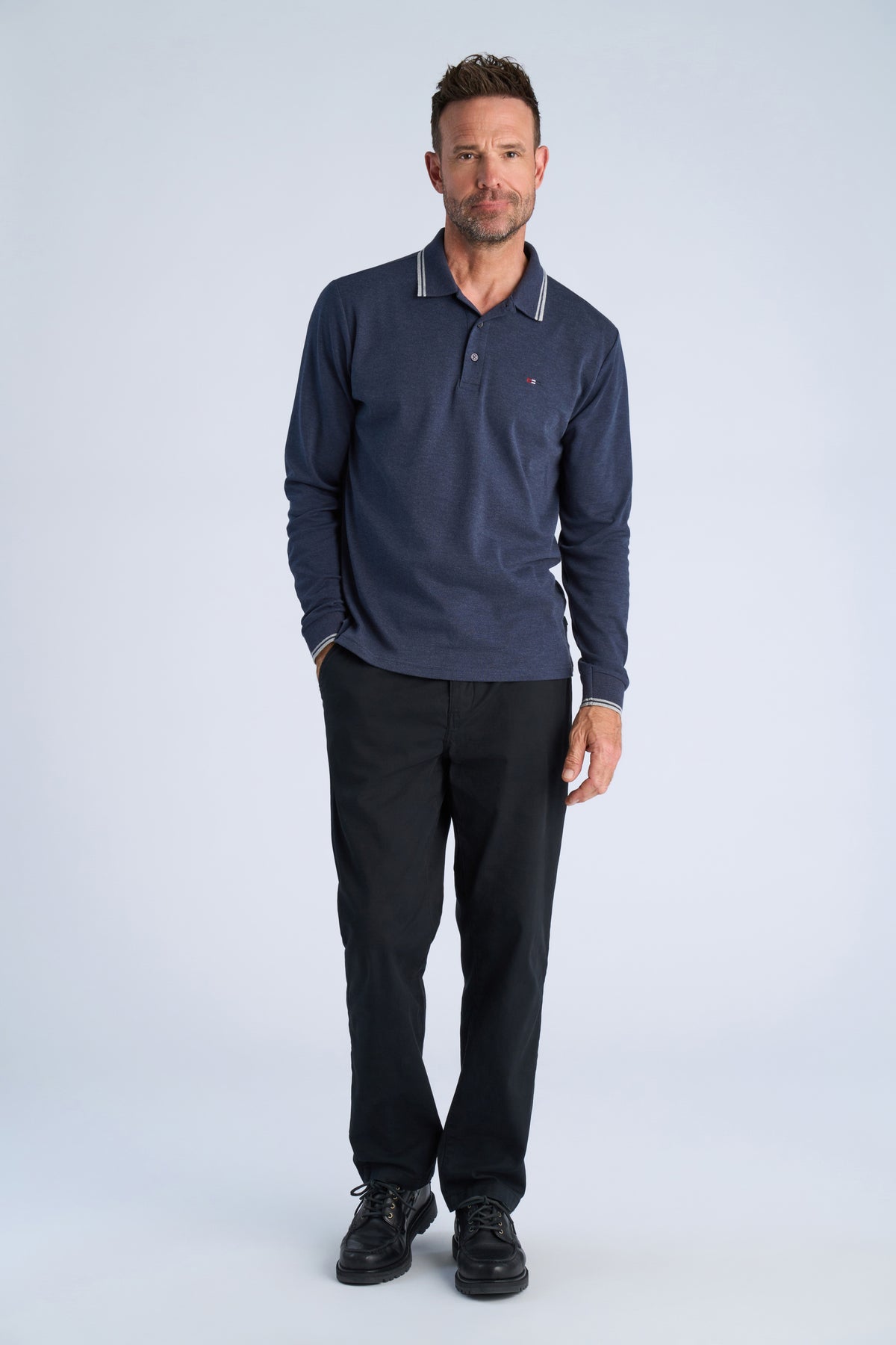 Bison Polo Shirt LS Navy Melange – bilde 1