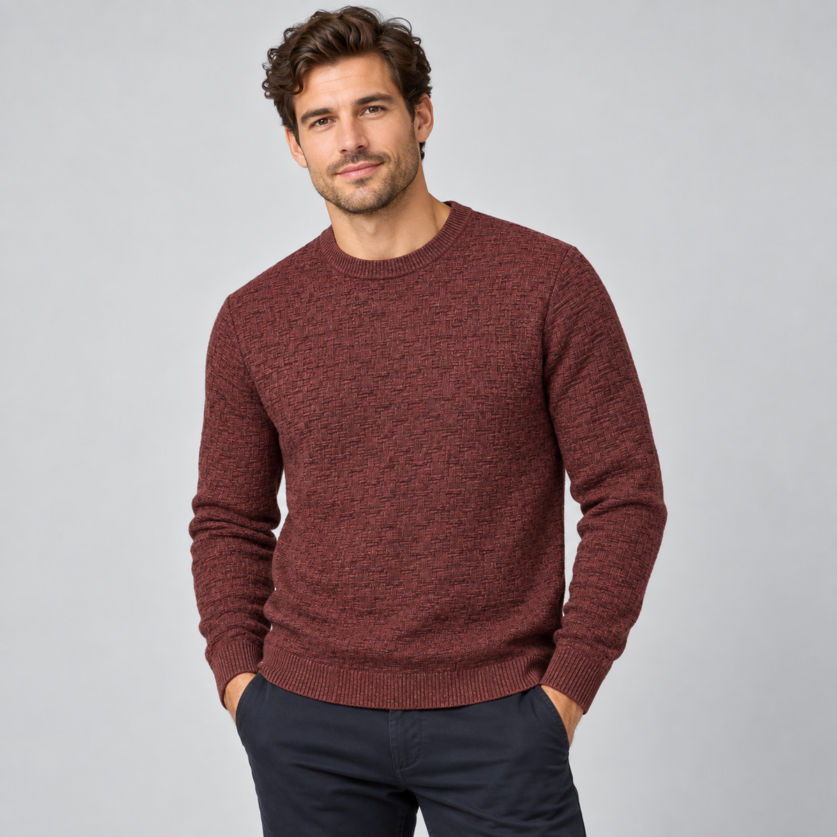 Bison Structure Knit Wine Melange – modellbilde 2