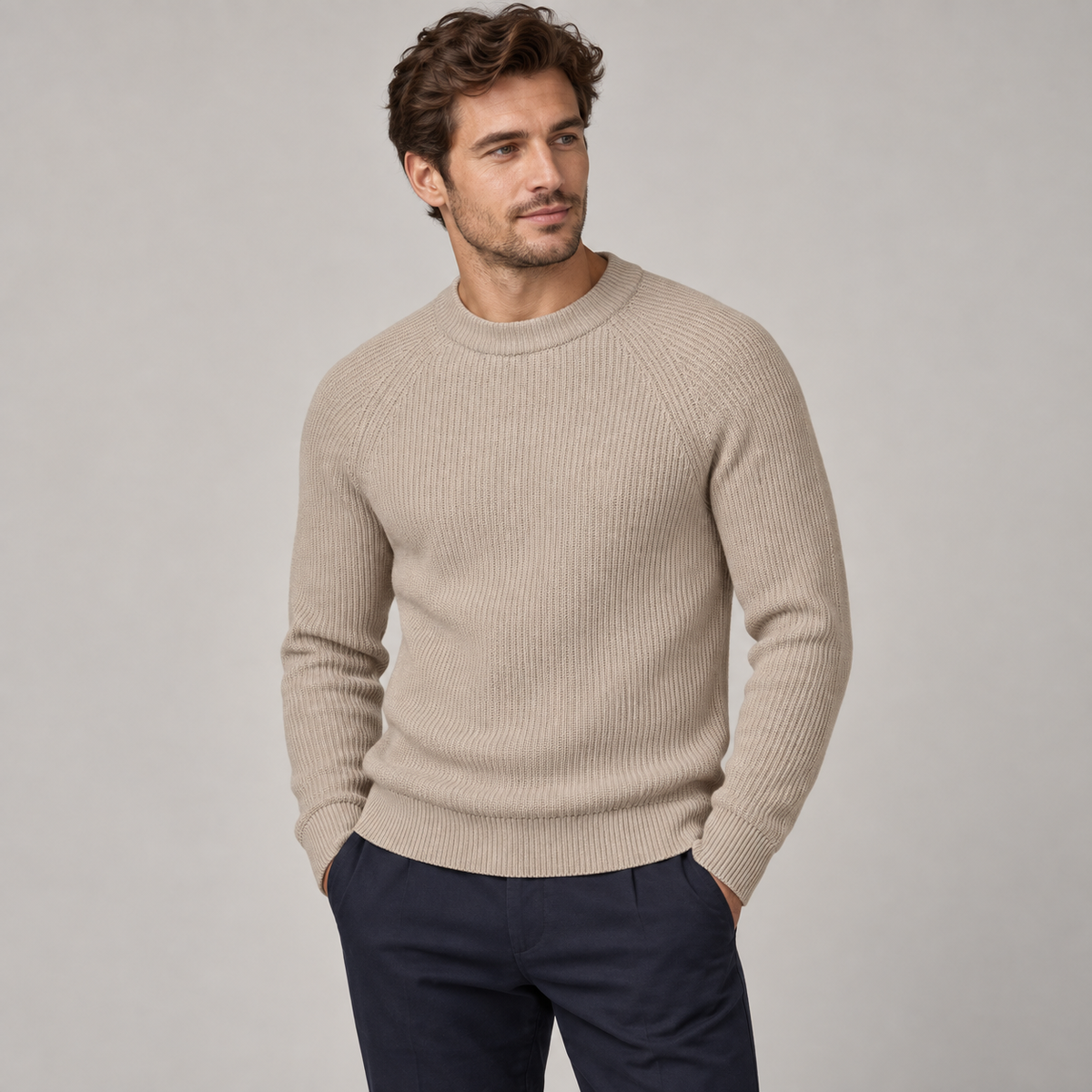 Casual Friday Kristian Raglan Rib Crew Neck Oatmeal – modellbilde