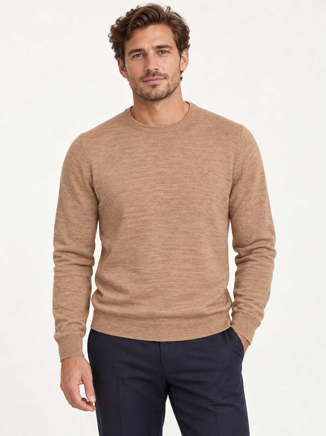 Clean Cut Copenhagen Merino Warm Sand Melange – modellbilde, AI-generert