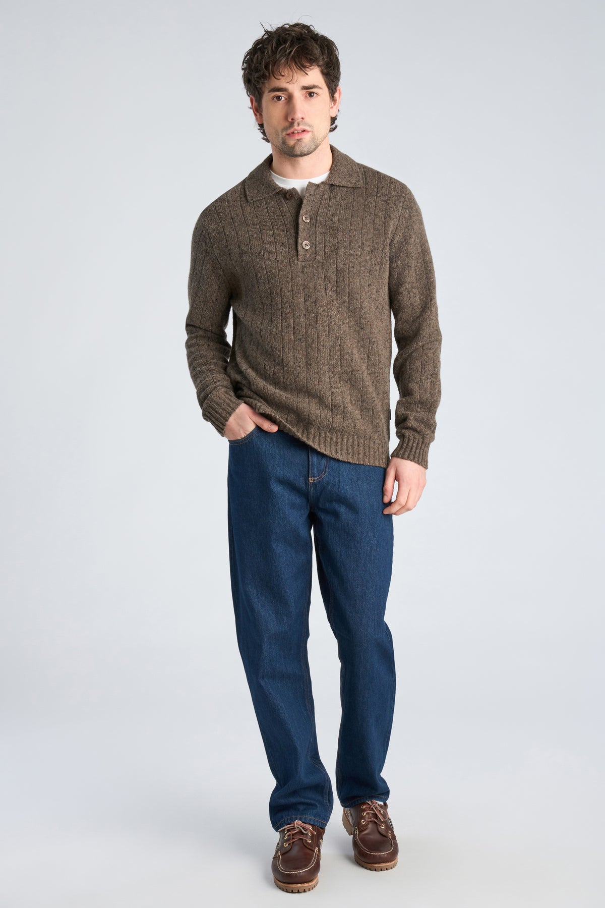 Lindbergh Knitted Wool Polo Sweather Dark Brown Melange – bilde 1