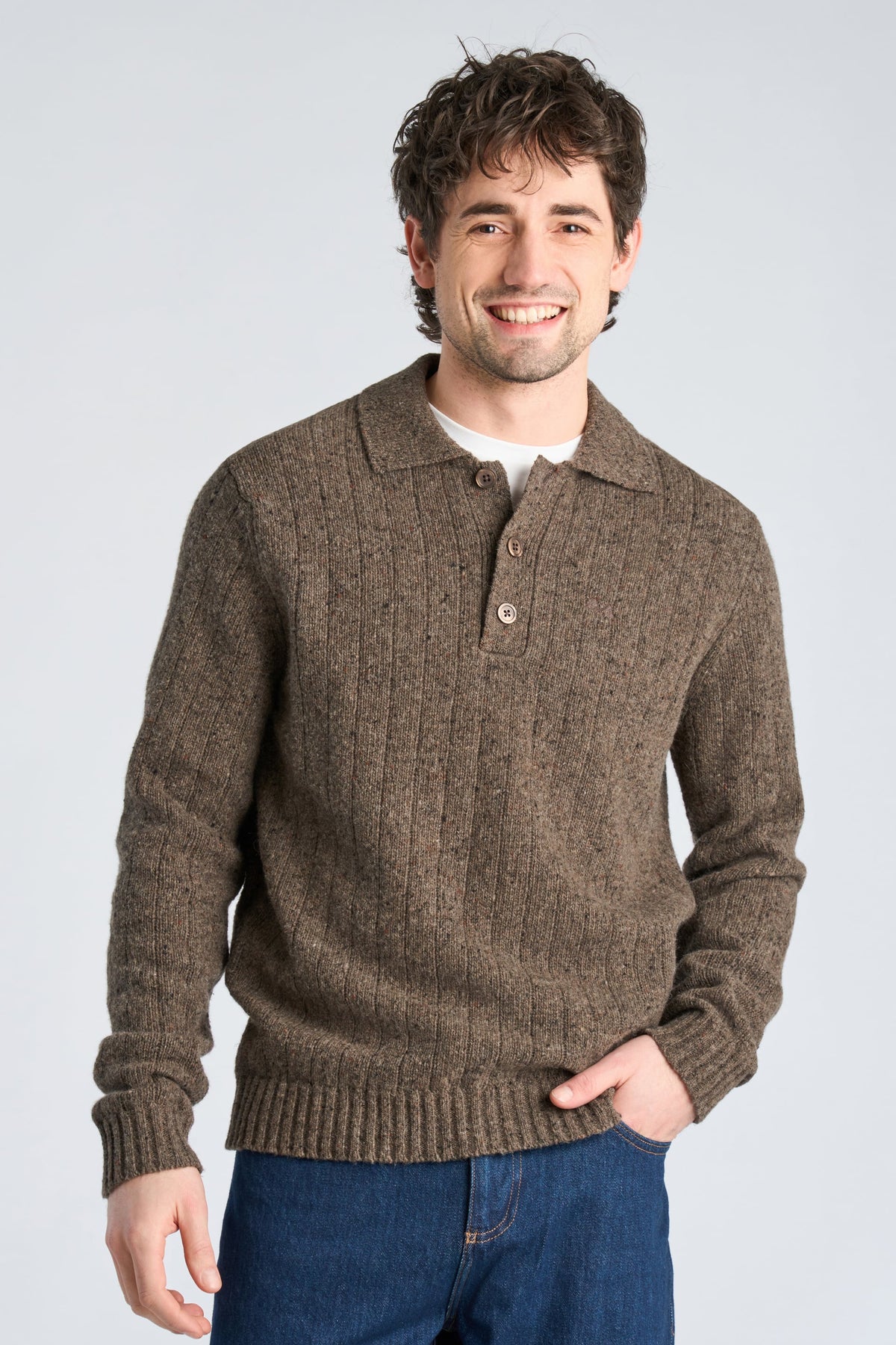 Lindbergh Knitted Wool Polo Sweather Dark Brown Melange – bilde 2