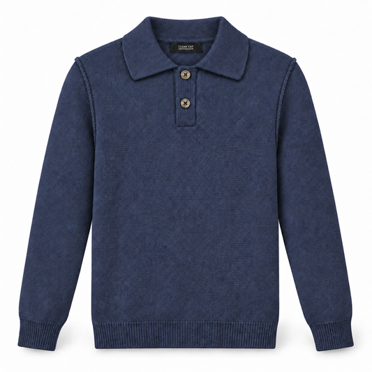Vester Dark Navy – helt produkt på hvit bakgrunn med synlige ermehullssømmer, KI-bearbeidet